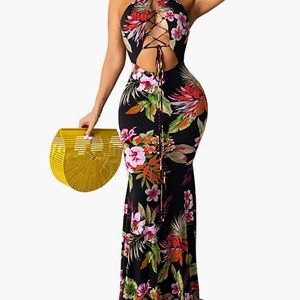 Maxi Bodycon Dresses Sexy Halter Neck Floral Tropical Boho Beach